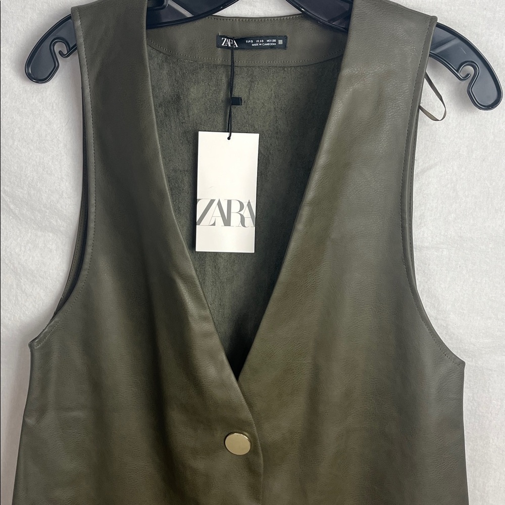 Zara Dark Green brown faux leather Buttoned Sleeveless Dress new small - Picture 2 of 5